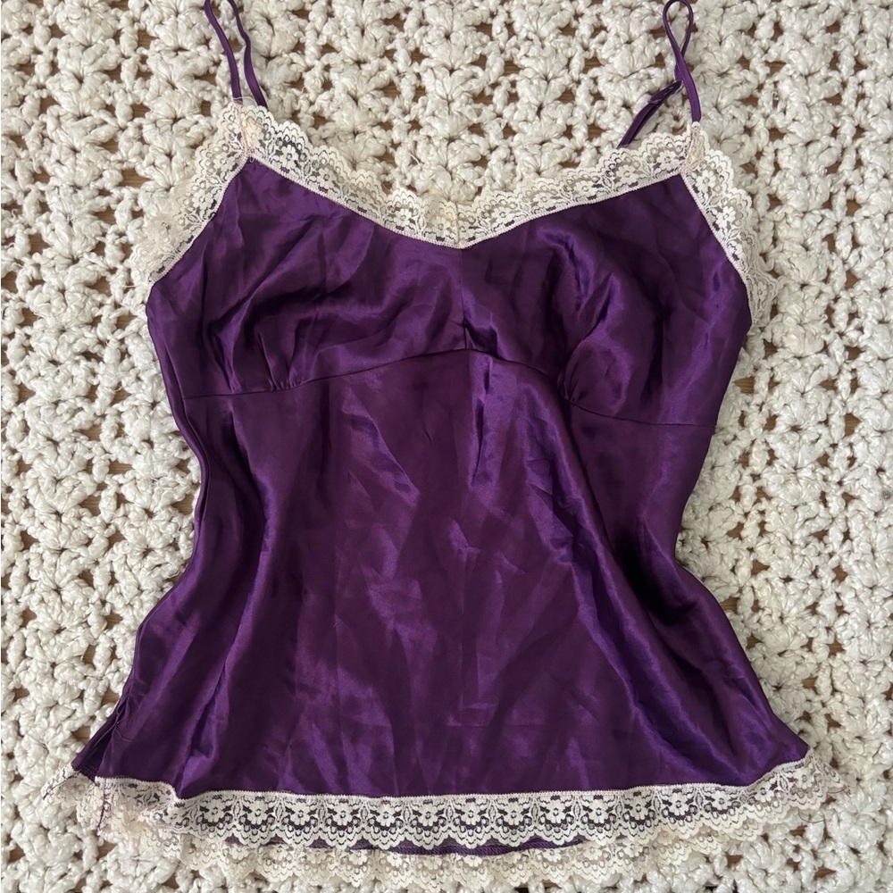 Purple Satin Slip Tank Top with Lace Trim